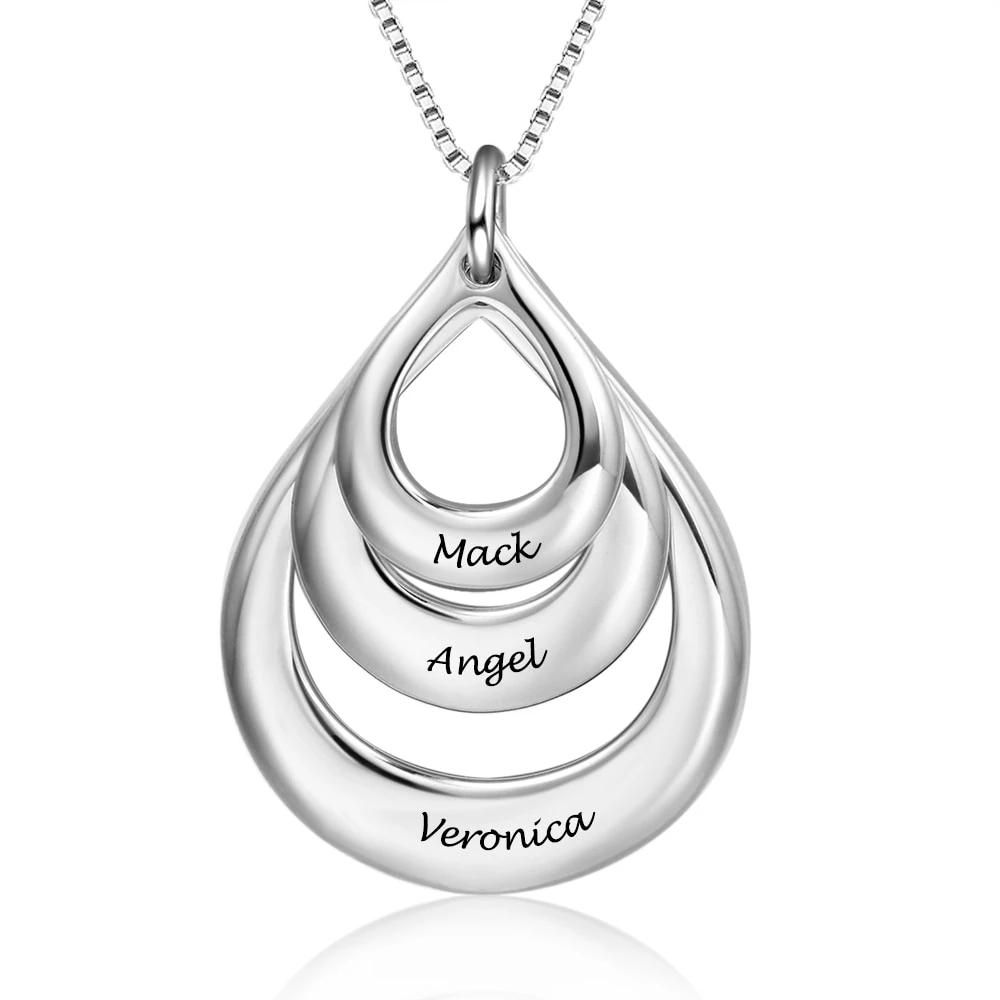 925 Sterling Silver Custom 3 Names Engraved Triple Water Drop Pendant Necklaces, Great Gift for Best Friends