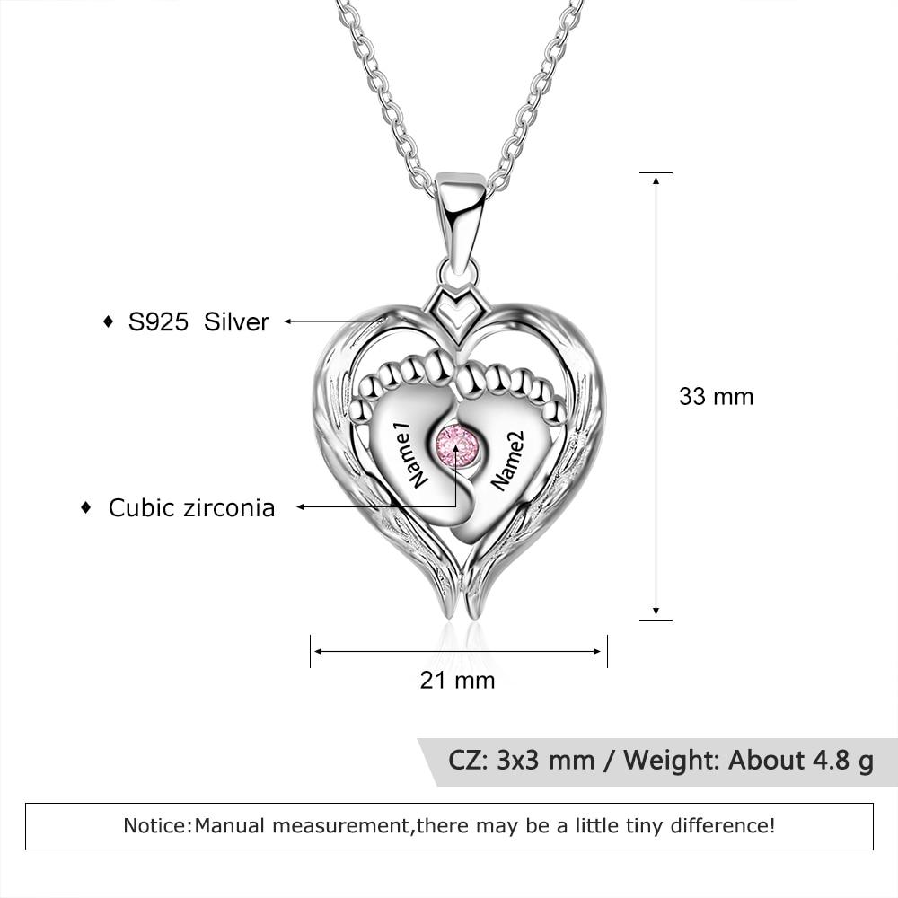 Personalized 925 Sterling Silver Necklace - Heart Shaped Baby Feet Pendant - Engrave Two Custom Names - One Birthstone