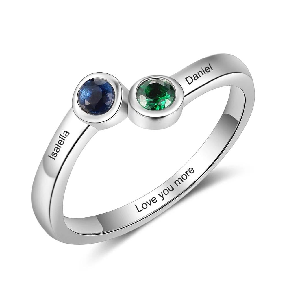 Personalized 2 Name 925 Sterling Silver Rings for Women Inside Engraving Round Birthstone Ring Anniversary Fine Jewelry