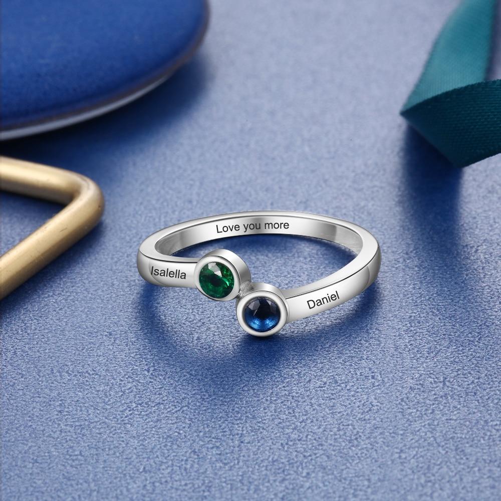 Personalized 2 Name 925 Sterling Silver Rings for Women Inside Engraving Round Birthstone Ring Anniversary Fine Jewelry