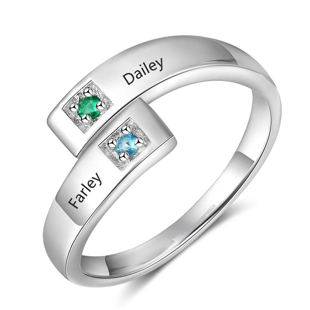 Personalized Promise Ring Bands for Couples - 2 Custom Names and Birthstones - Customized Adjustable Rings for Special Occasion