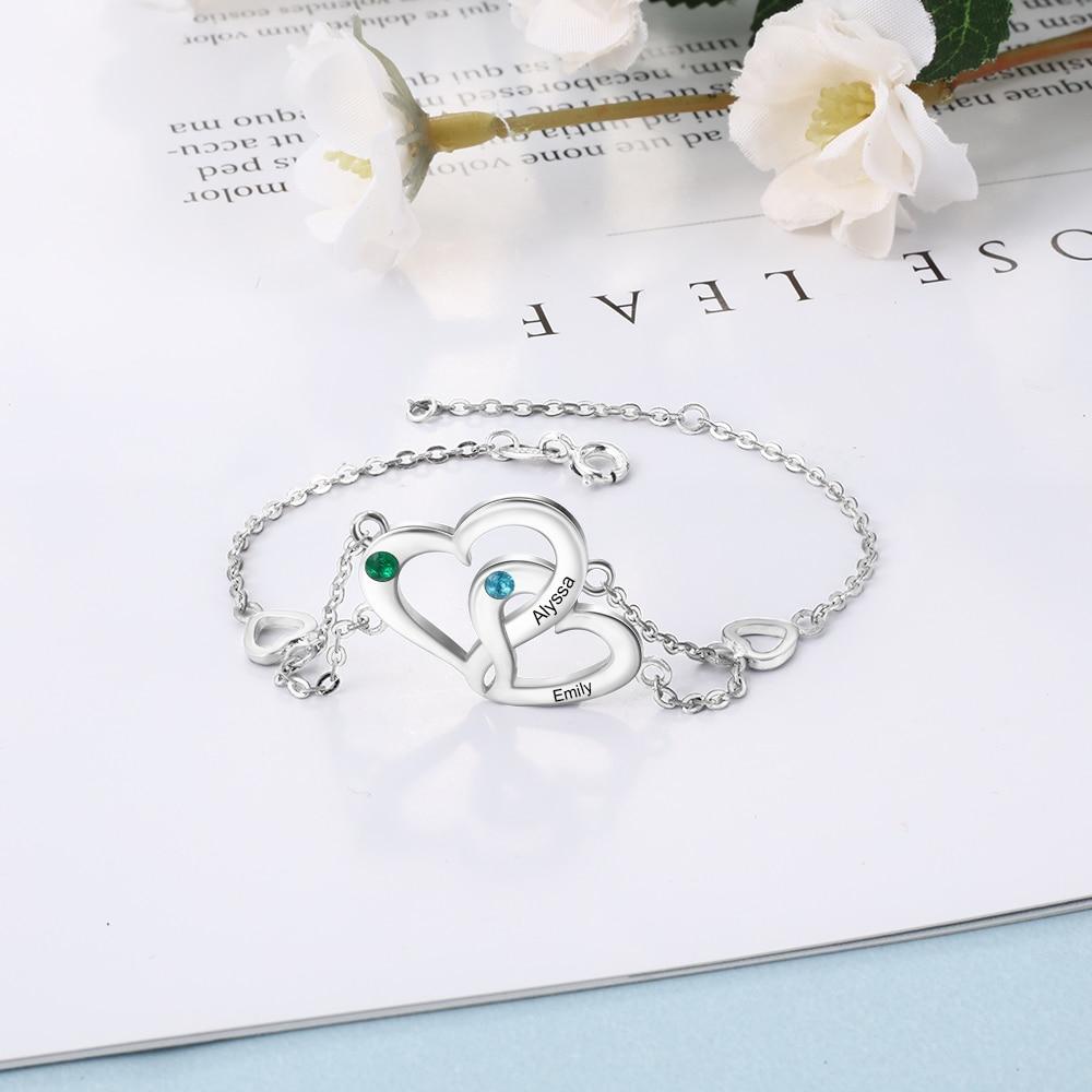 Personalized Intertwined Heart Custom Bracelet for Women with Name Engraved & Birthstone, Lovers Gift Bracelet