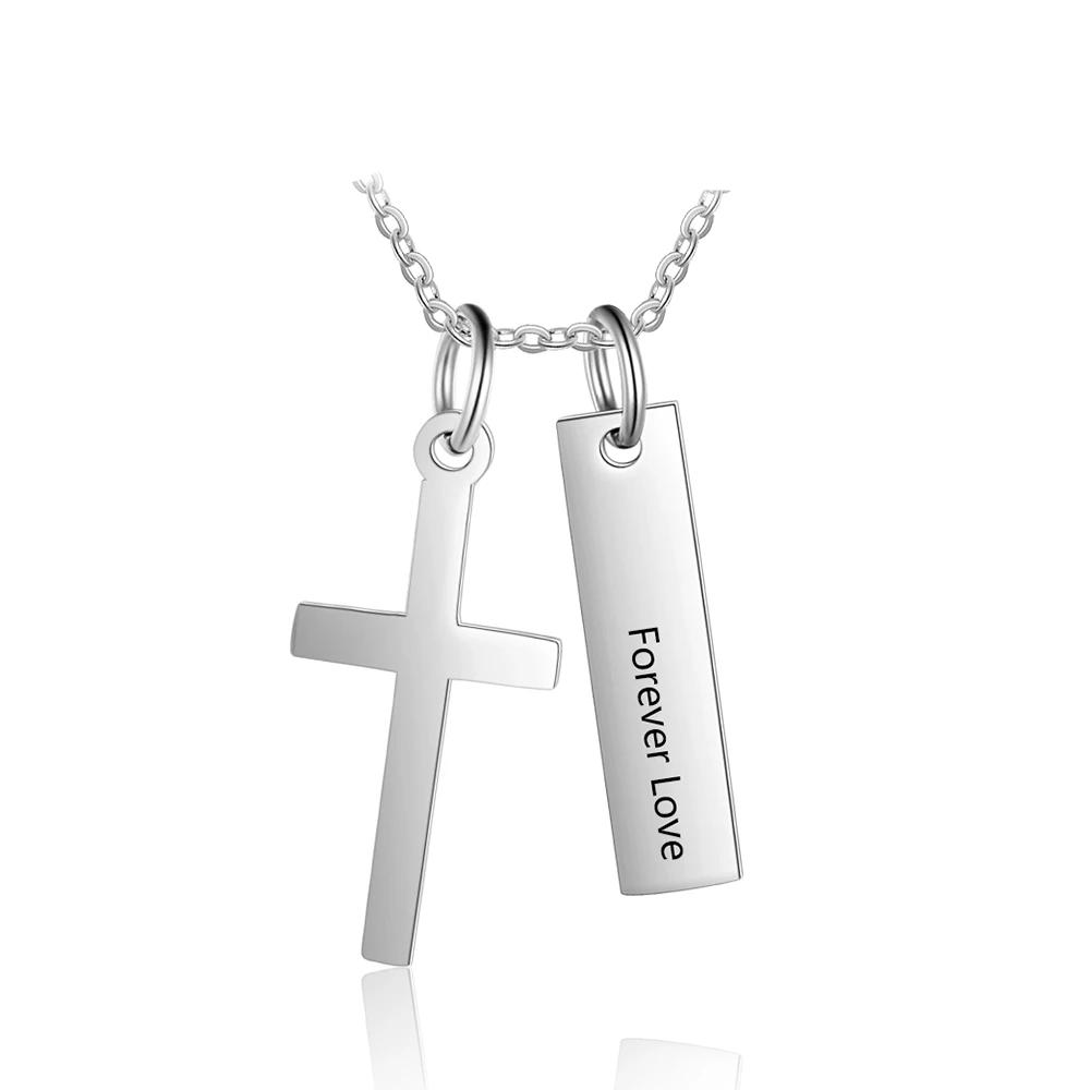 Personalized Stainless Steel Customized Cross & Name Engraved Vertical Bar Pendant Necklace, Trendy Jewelry Gift