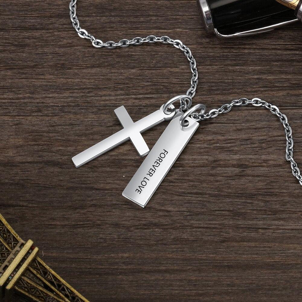 Personalized Stainless Steel Customized Cross & Name Engraved Vertical Bar Pendant Necklace, Trendy Jewelry Gift