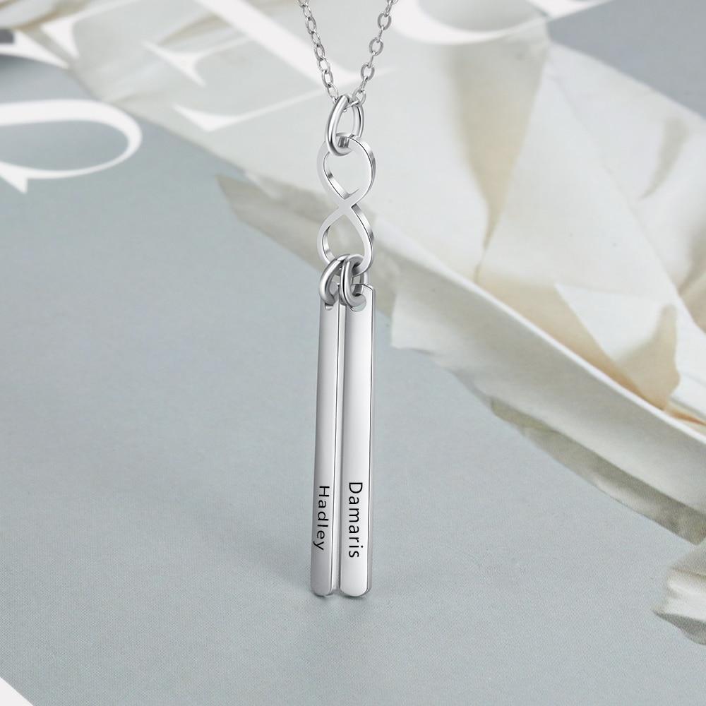 Stainless Steel Infinity Initial Name Vertical Bar Pendant Necklace, Fashion Jewelry Gift for Women.