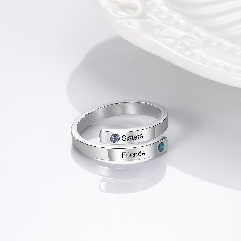 Personalized Couple Wrap Ring - Two Custom Names - Two Custom Birthstone - Engraved Rings