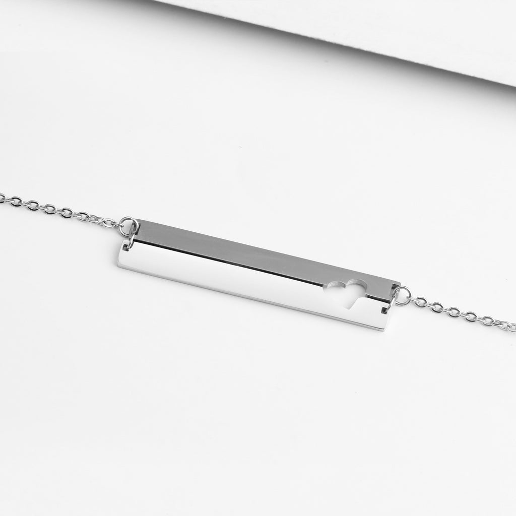 Personalized Stainless Steel Name Bar with Heart Pendant Necklace, Customized Gift for Women