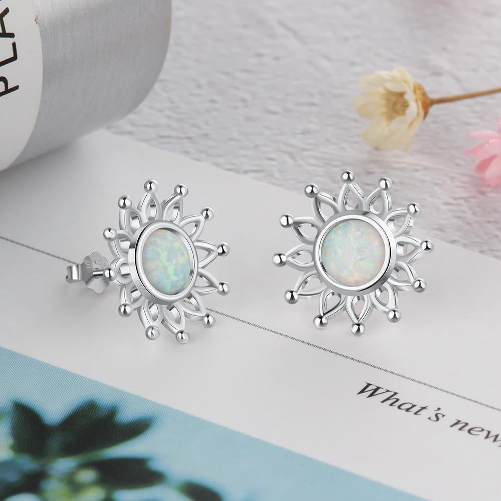Sun Flower Shape Milky Opal Stone 925 Sterling Silver Stud Earring Fashion Women Earrings Gift For Her