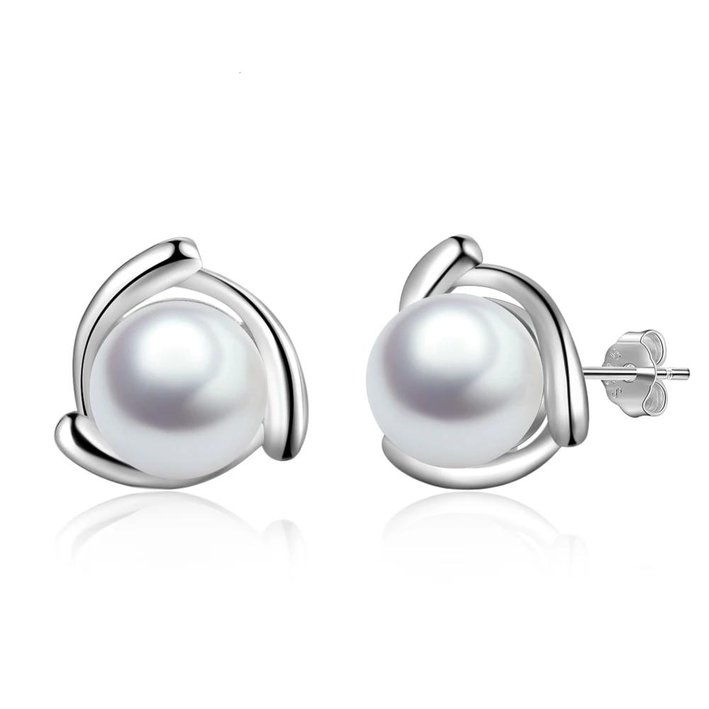 Geometric Style 925 Sterling Silver Pearl Stud Earrings for Women Silver 925 Jewelry Elegant Gift for Mother