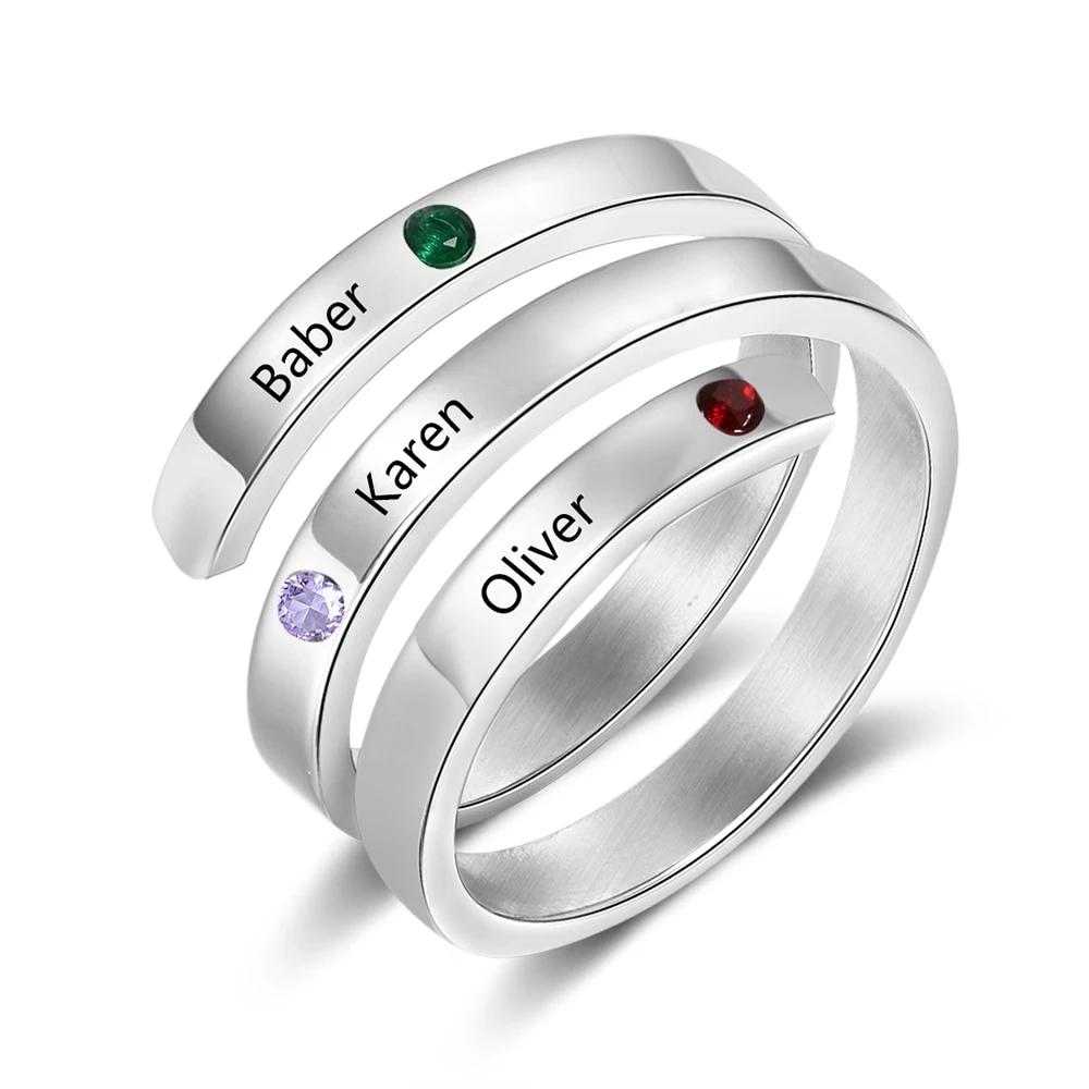 Personalized Stainless Steel Rings for Women - Three Custom Names - Three Custom Birthstones