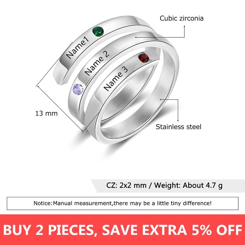 Personalized Stainless Steel Rings for Women - Three Custom Names - Three Custom Birthstones