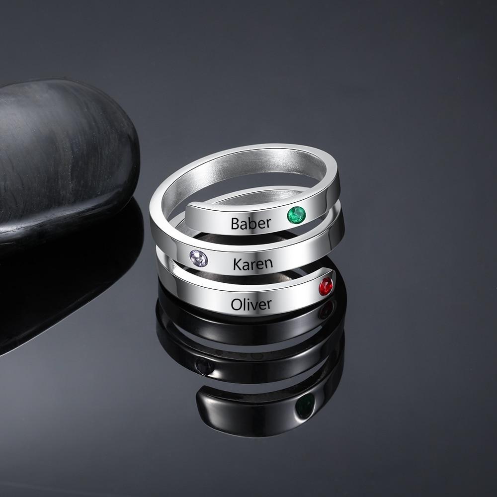 Personalized Stainless Steel Rings for Women - Three Custom Names - Three Custom Birthstones