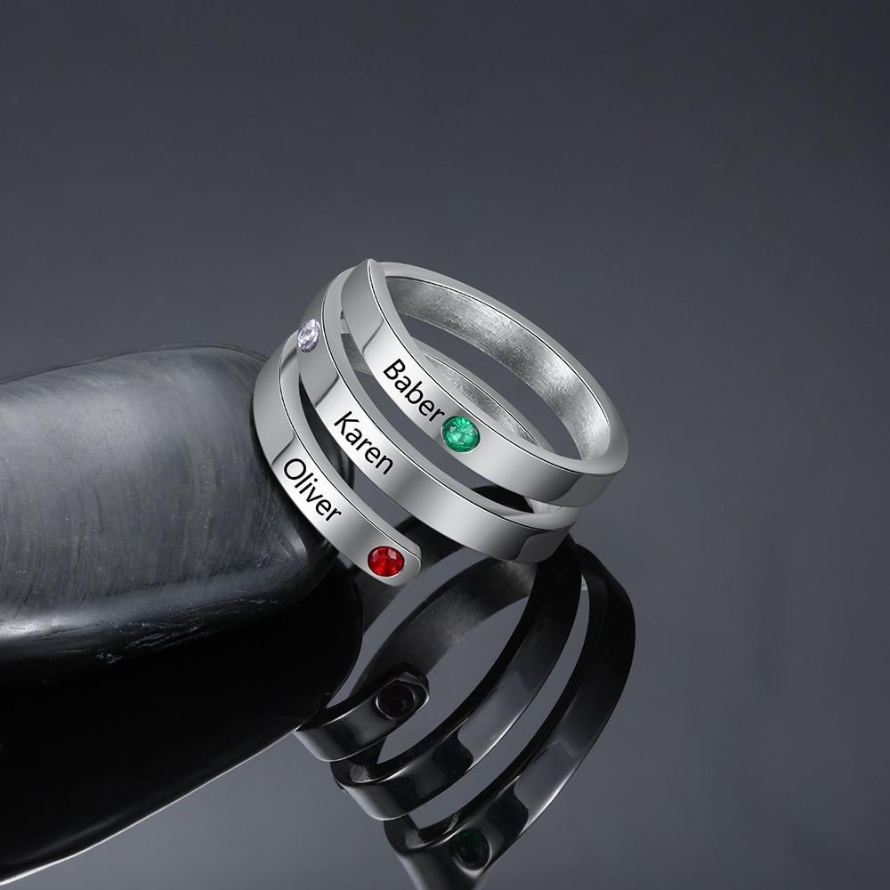 Personalized Stainless Steel Rings for Women - Three Custom Names - Three Custom Birthstones