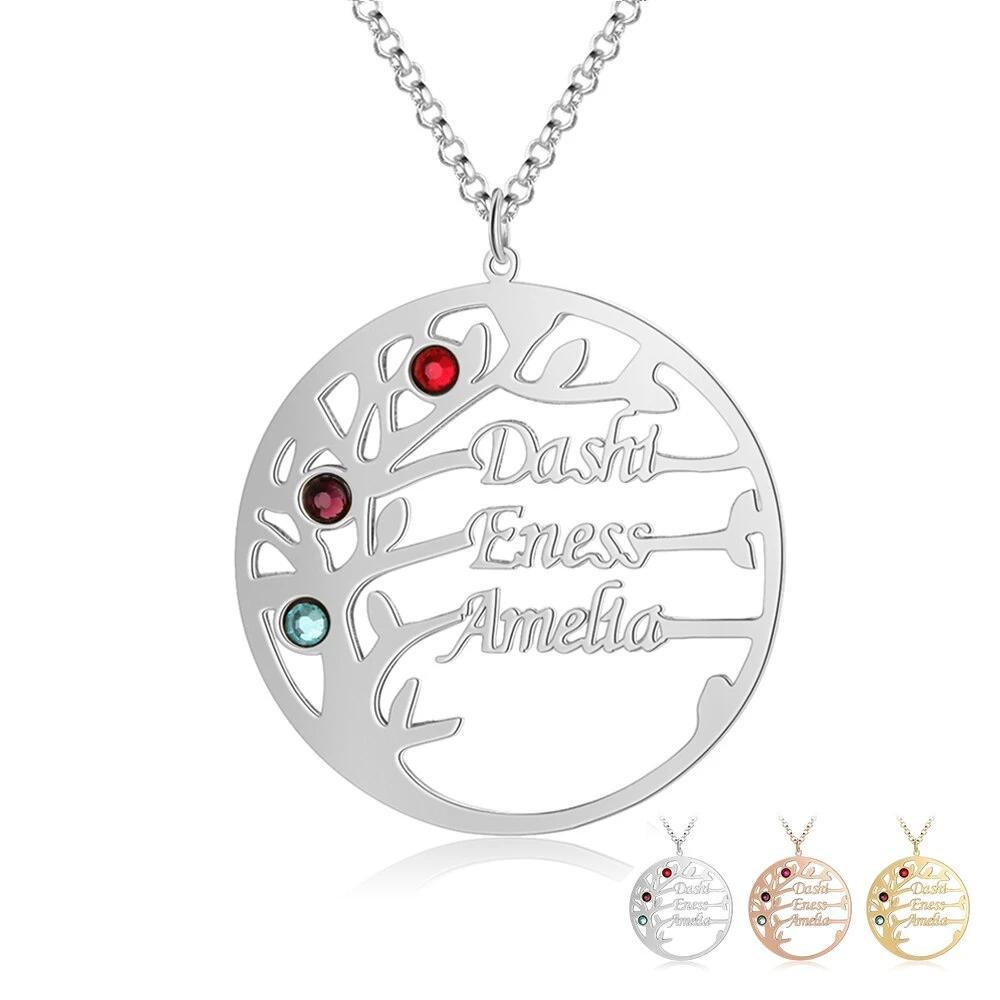 Personalized Mother Daughter Family Tree Necklace with Custom Nameplate & 3 Birthstones, Best Gift for Family Members & Friends