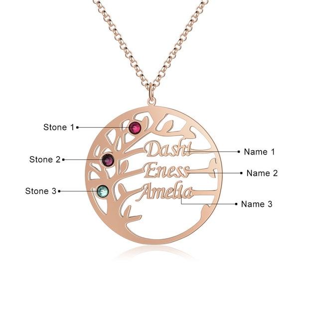 Personalized Mother Daughter Family Tree Necklace with Custom Nameplate & 3 Birthstones, Best Gift for Family Members & Friends