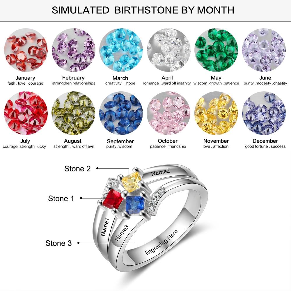 Personalized Name Ring with 3 Square Birthstones Real 925 Sterling Silver Rings for Women Custom Jewelry Gift