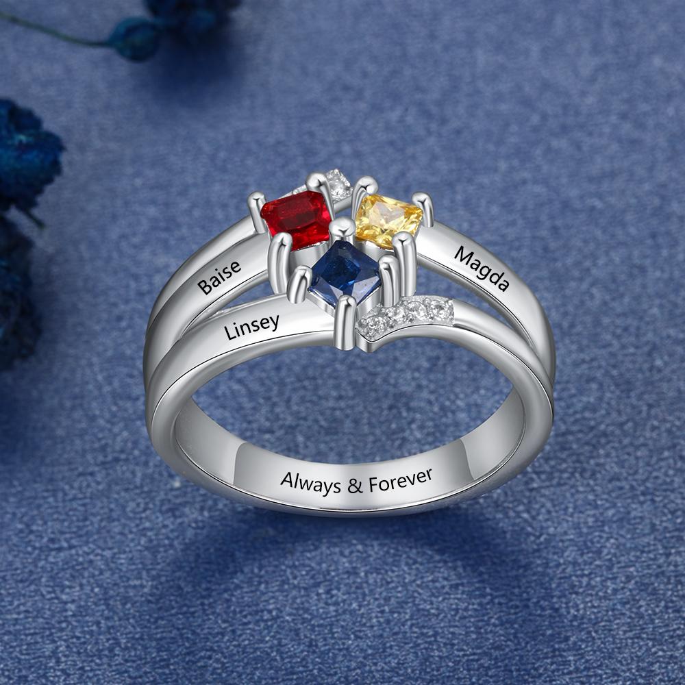 Personalized Name Ring with 3 Square Birthstones Real 925 Sterling Silver Rings for Women Custom Jewelry Gift