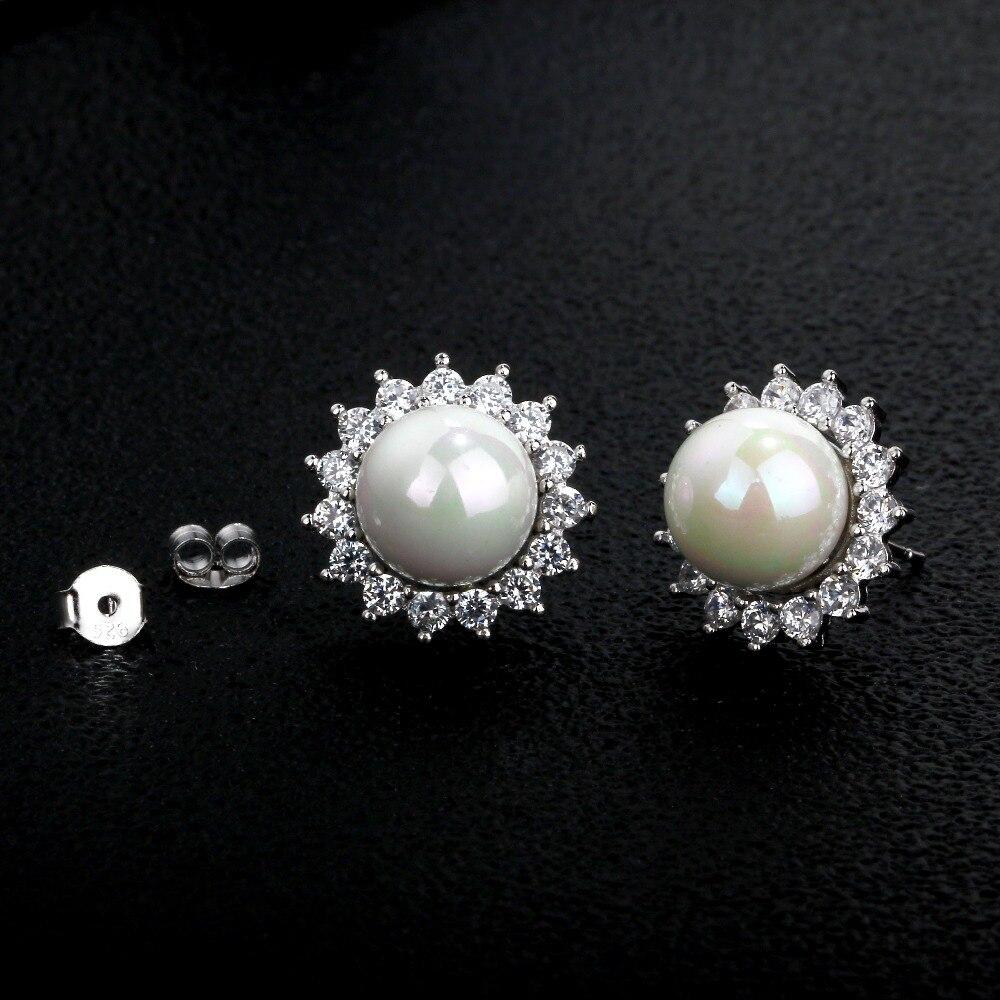 Women’s 925 Sterling Silver Stud Earrings with Simulated Pearl and Cubic Zirconia