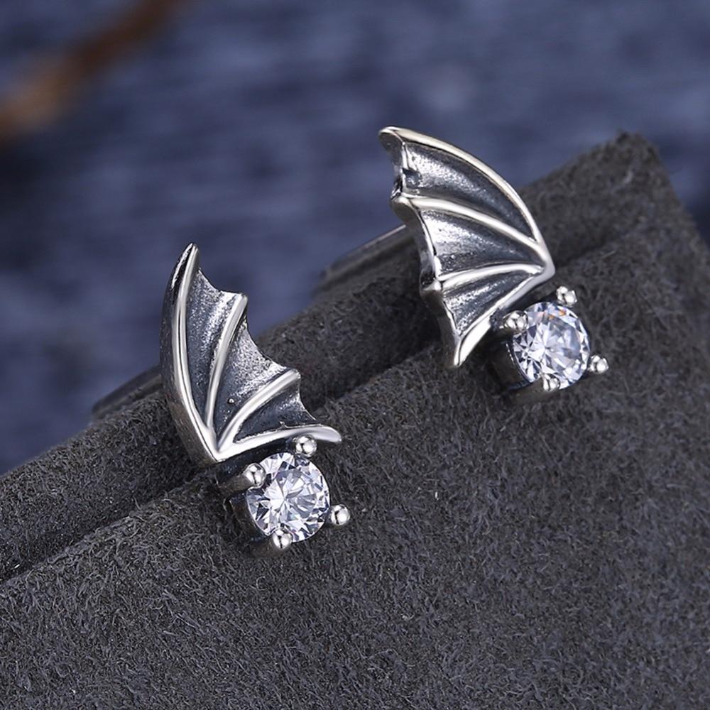 Vintage Wing Design Solid 925 Sterling Silver Stud Earrings For Women Round Cubic Zirconia OL Jewelry