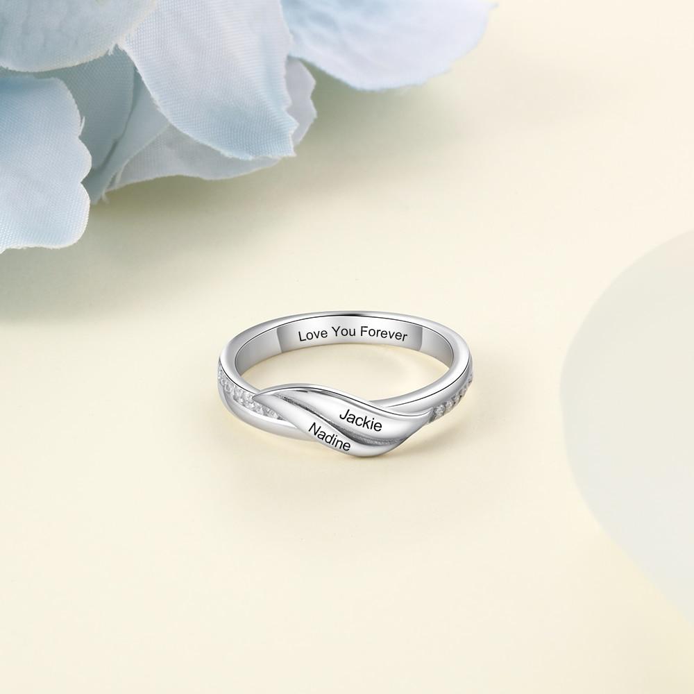 Personalized Stainless-Steel Rings for Women – Engrave 2 Names – Geometric Shape Ring with Zirconia Stones – Trendy Wedding Jewelry 