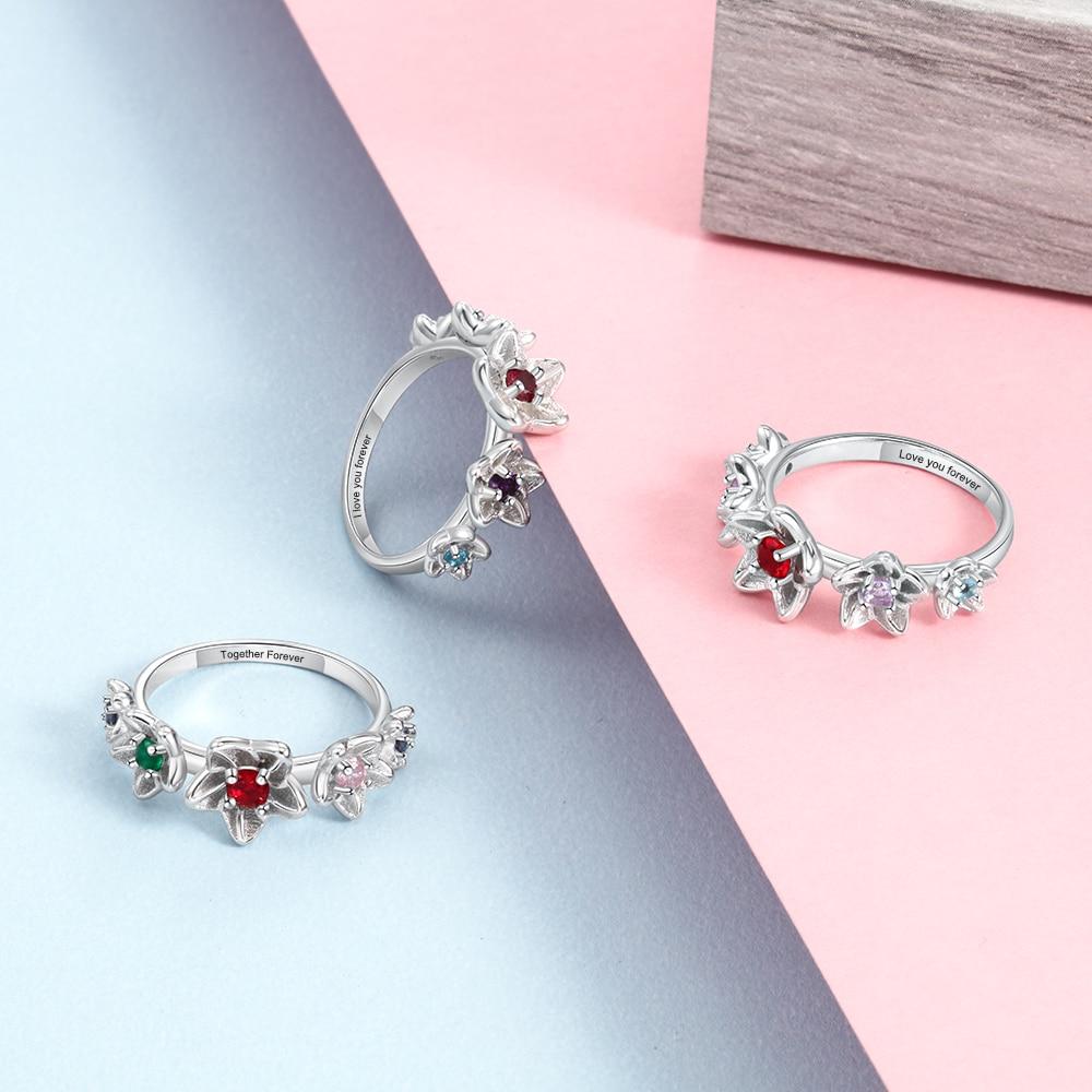 Sterling Silver Personalized DIY Birthstone Rings for Women Inside Engraving Flower Ring Silver Fine Jewelry