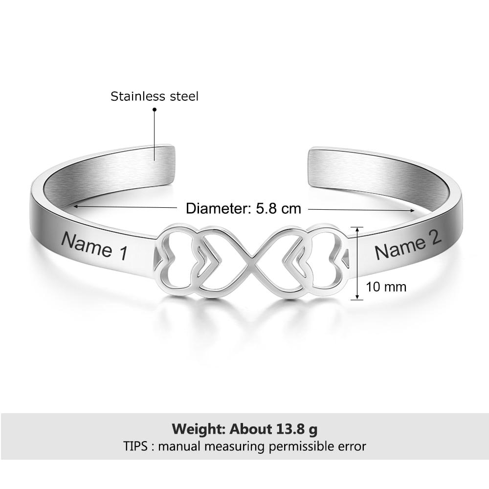 Personalized Stainless Steel Heart Cuff Bangle Bracelets with Engraved Name, Customized Bangle for Women