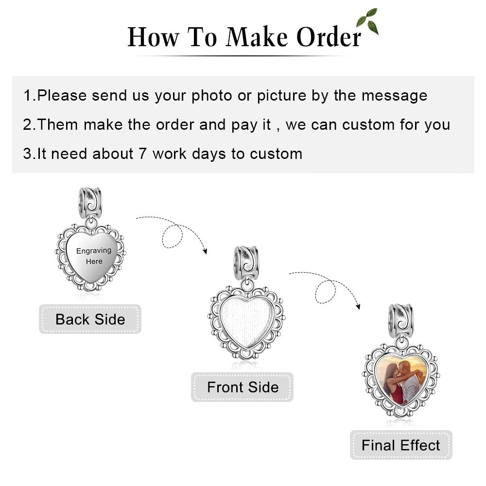 Personalized Heart Charms Beads for Bracelet with Custom Engrave & DIY Photo, Anniversary Gift Bracelet