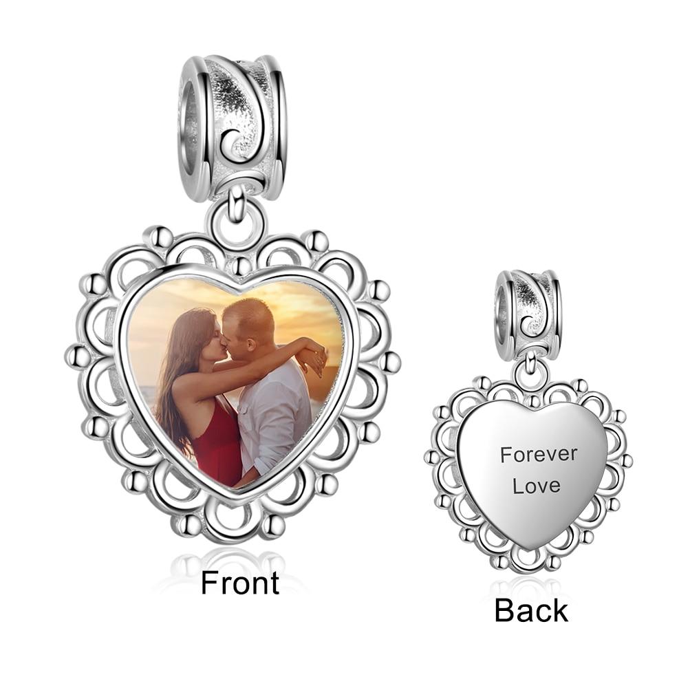 Personalized Heart Charms Beads for Bracelet with Custom Engrave & DIY Photo, Anniversary Gift Bracelet