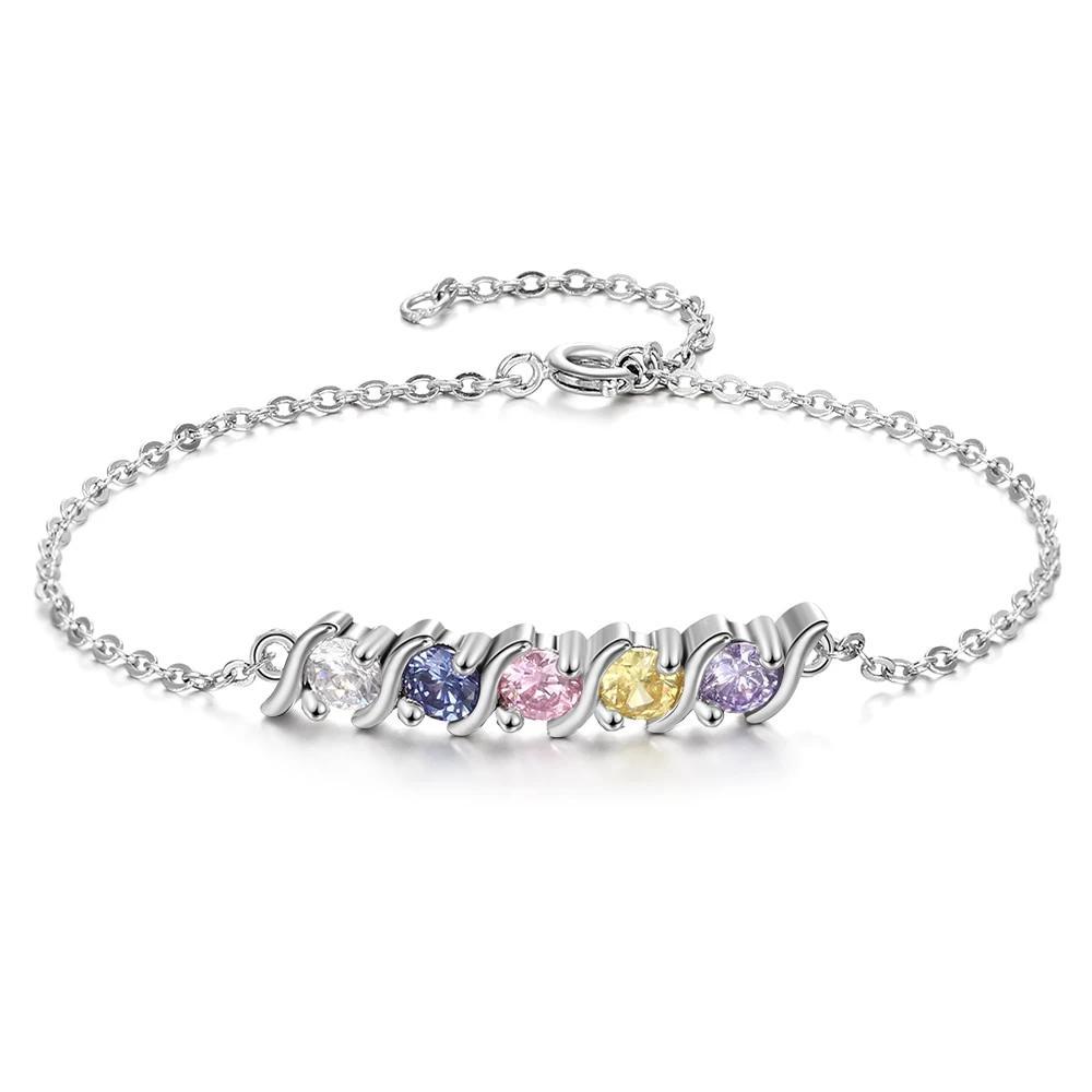 Personalized Chain Bracelet with 5 Customized Zirconia Birthstones, DIY Bangles for Women
