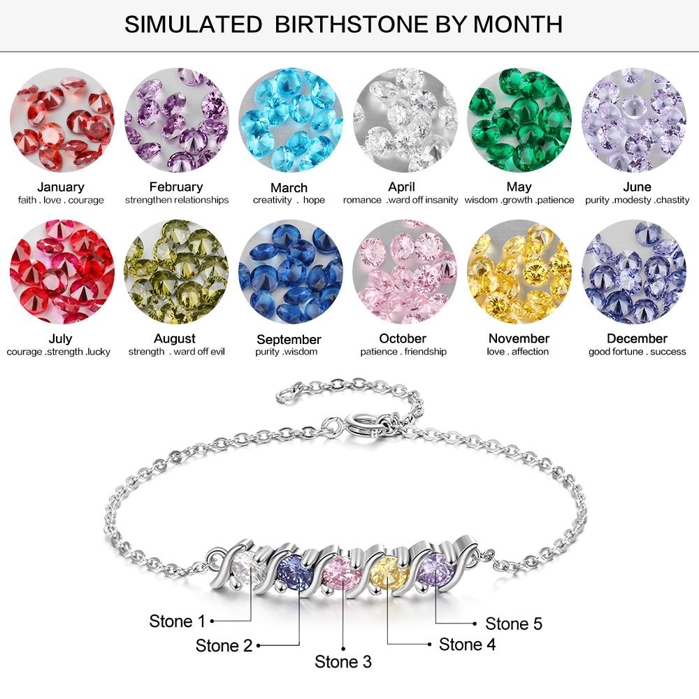Personalized Chain Bracelet with 5 Customized Zirconia Birthstones, DIY Bangles for Women