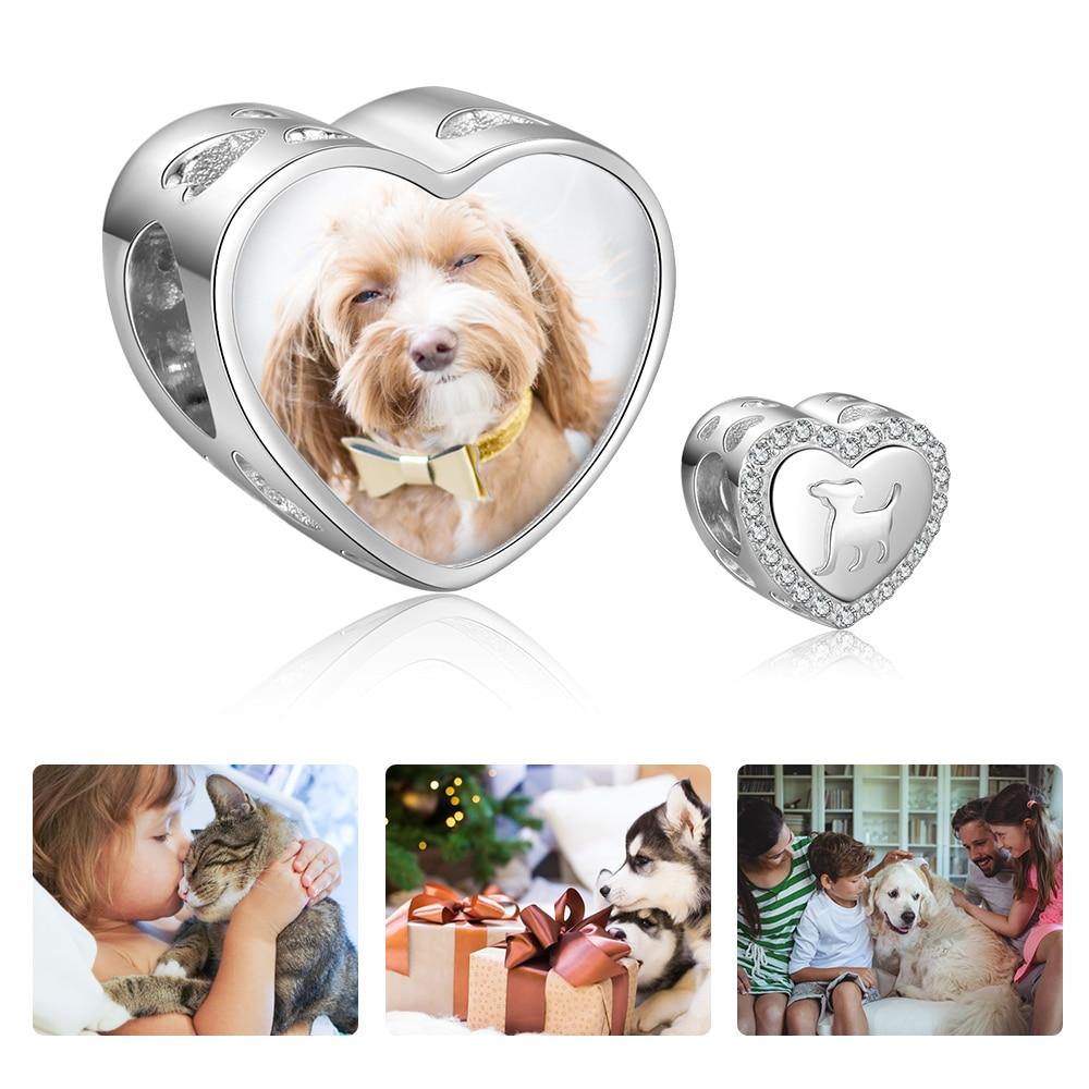 Personalized Dog Charms Heart Beads with DIY Customized Photo & Clear CZ, Fit Bracelet Jewelry