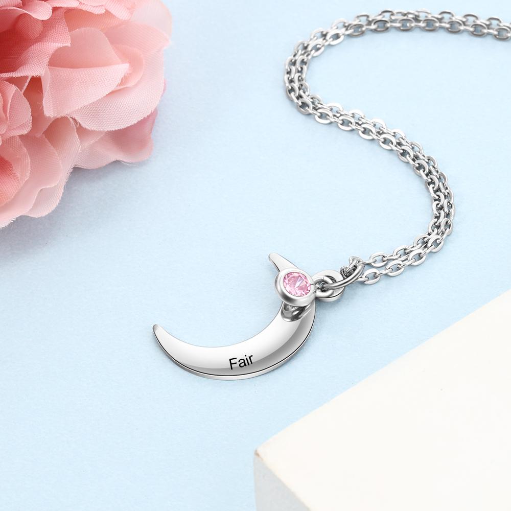 Personalized Stainless Steel Necklace with Customized Name & Moon Birthstone Pendant, Classic Women’s Party Jewelry