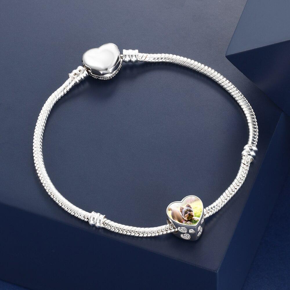Photo Heart Beads Charm Bracelet, Personalized Pet Paw & Bone Designs with Cubic Zirconia Stones, Jewelry Gift for Women