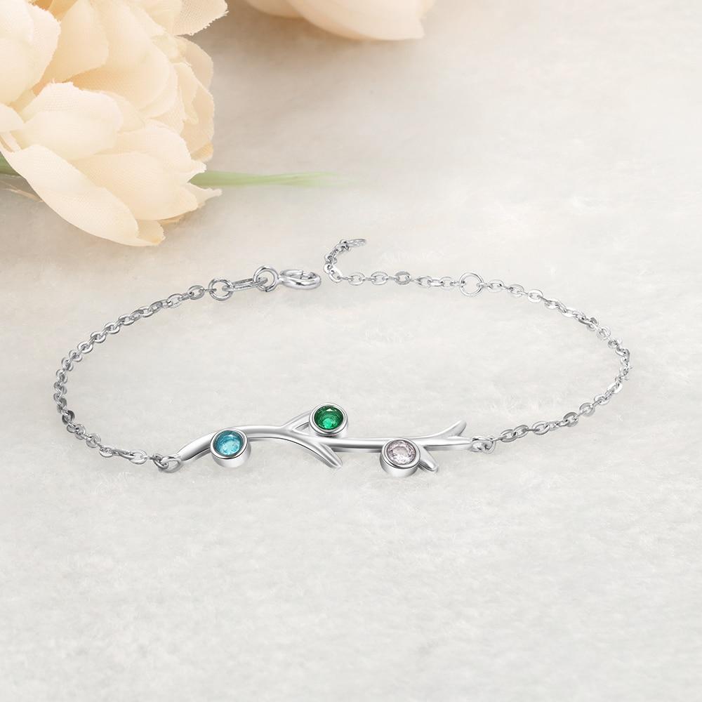 Personalized Women Branch Bracelets with Customized 3 Birthstones, Wedding Gift Jewelry
