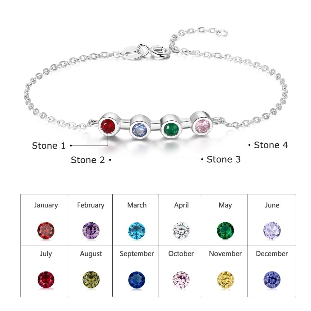 Personalized Mother Bracelet with 4 Round Zircon Birthstones, Customized Jewelry bangles for Women