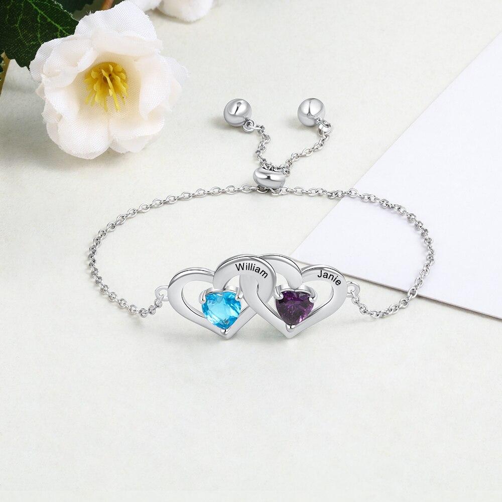 Personalized Adjustable Chain Bracelet with Customized 2 Names Engraved & Heart Birthstone, Bracelet for Couples