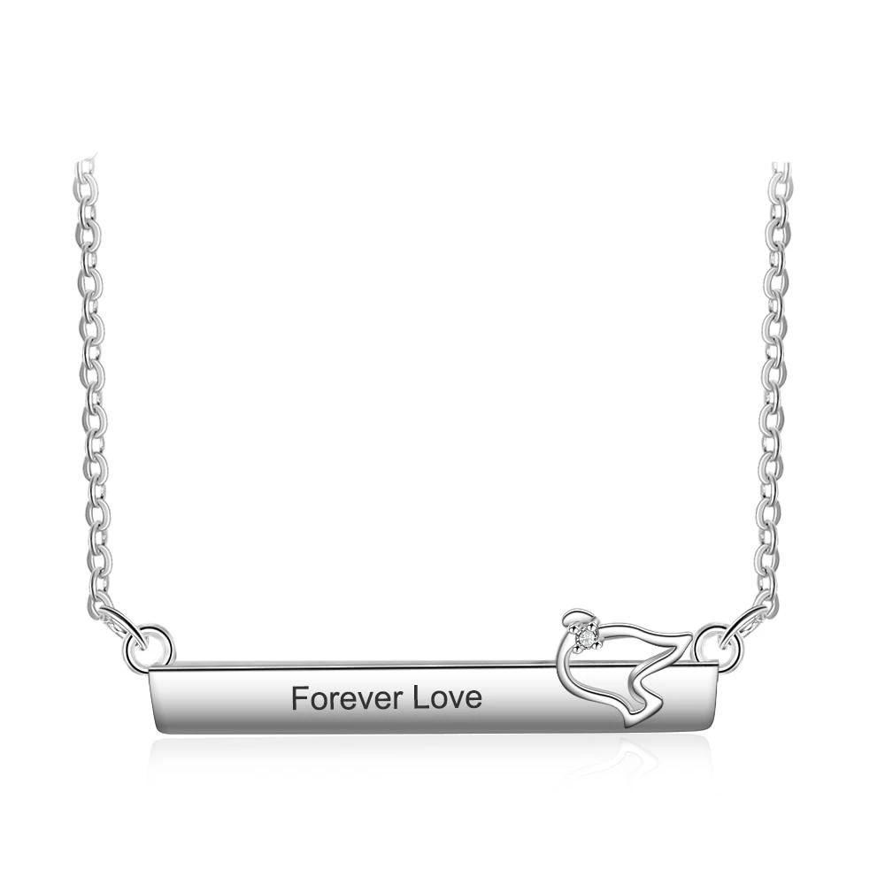 Personalized Silver Necklace for Women with Engrave Name Strip with Bird Pendant, Trendy Jewelry