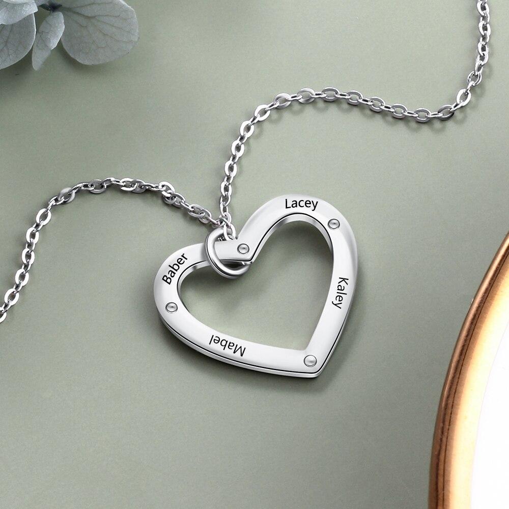 Personalized Silver 4 Name Necklace with Heart Shape Love Pendant, Trendy Jewelry for Women