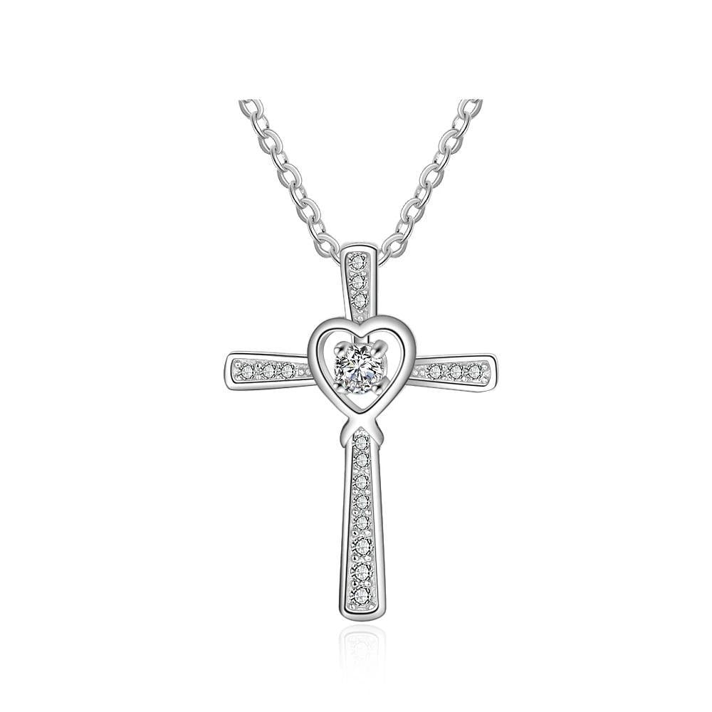 Women 925 Sterling Silver Necklace with CZ Stone Cross & Heart Pendant, Wedding Jewelry Necklace