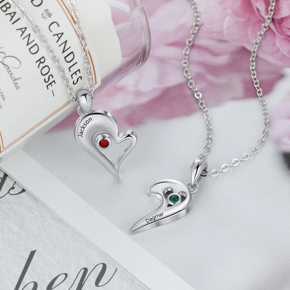 Personalized 925 Sterling Silver Necklace with 2Pcs/Set Merge Heart Shape Name & Birthstones Pendant, Trendy Lovers’ Jewelry