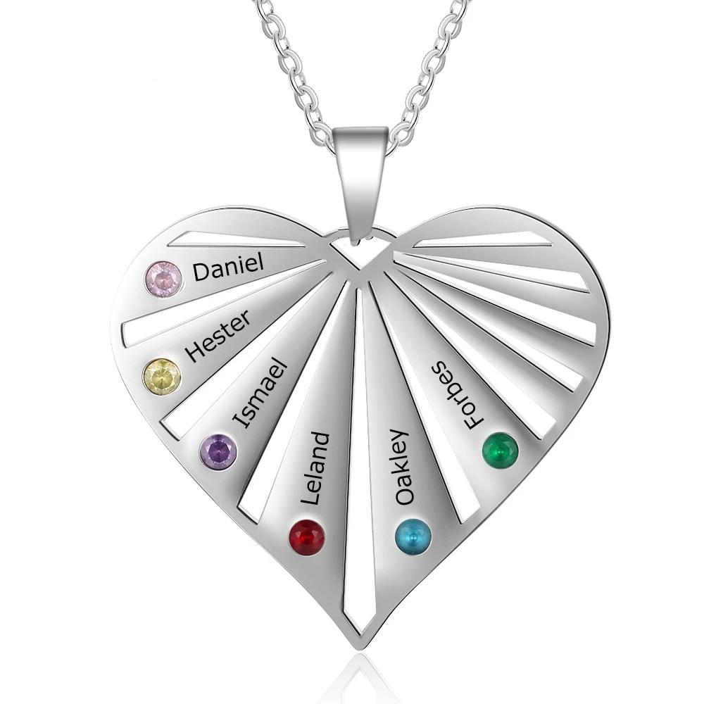 Personalized Women’s Stainless Steel Family Pendant Necklace with 6 Birthstones, Customized Heart Shaped Name Necklaces, Classic Jewelry Gift for Mom
