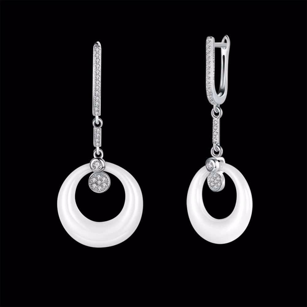 Sterling Silver Drop Earrings White Round Ceramic with Cubic Zirconia Dangle Drop Earring