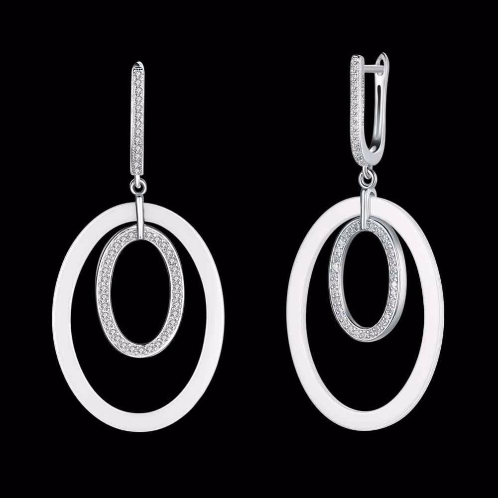 Women Sterling Silver 925 Drop Earrings Vintage Black Ellipse Ceramic With Micro-Inserted Zircon Eardrop Gift