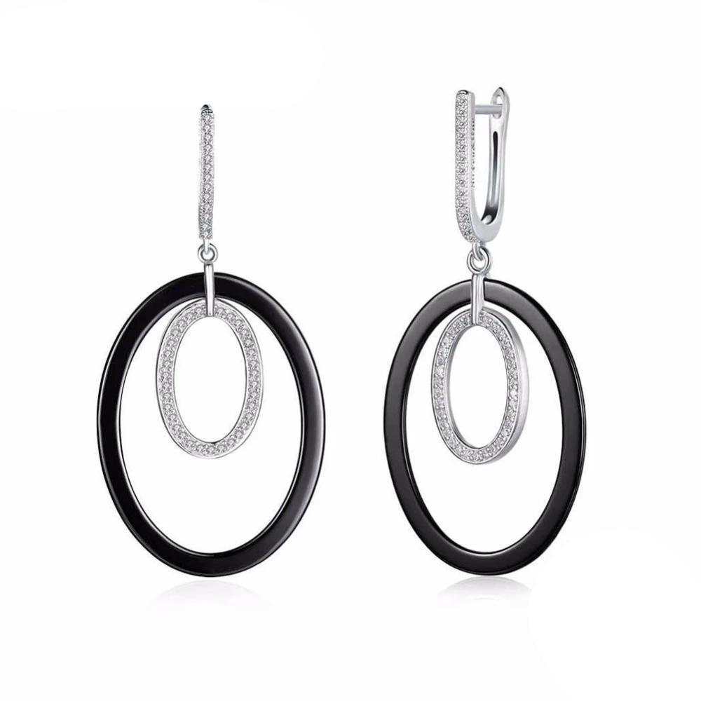 Women Sterling Silver 925 Drop Earrings Vintage Black Ellipse Ceramic With Micro-Inserted Zircon Eardrop Gift