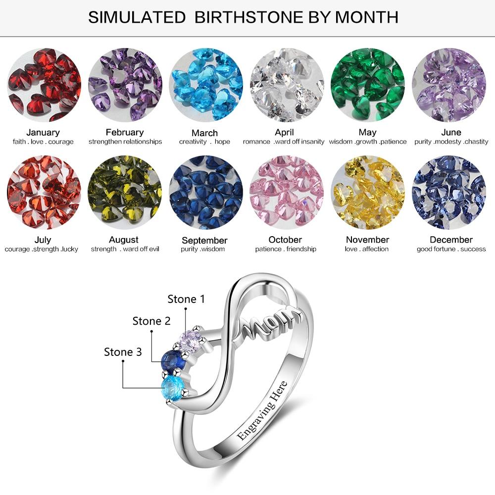 Personalized Mothers Rings with 3 Birthstones Custom Inner Engraving Infinity 925 Sterling Silver Rings for Women Mom