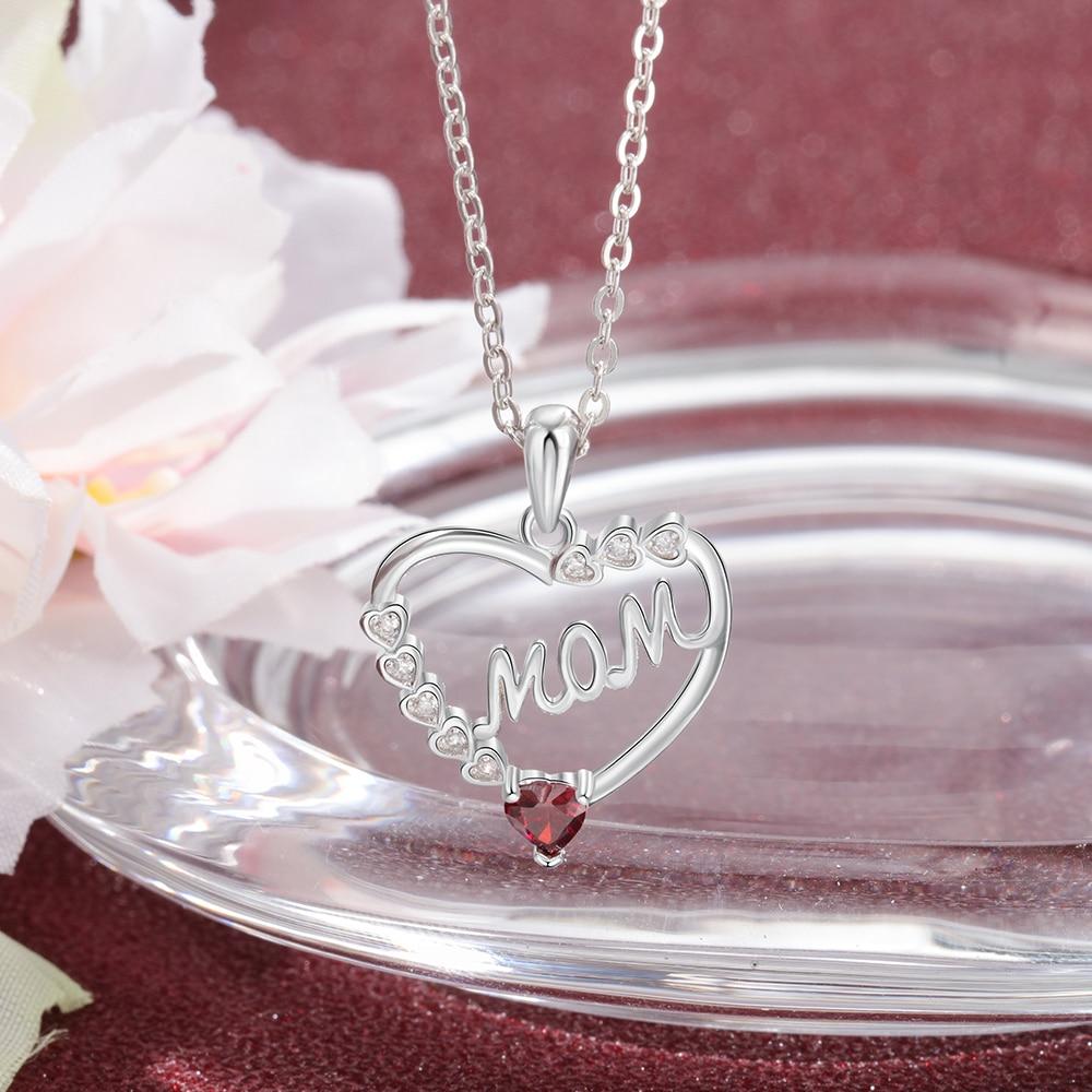 Personalized Heart Necklace with MOM Engraved & Custom Zirconia Birthstone Pendant, Jewelry gift Necklace for Mother