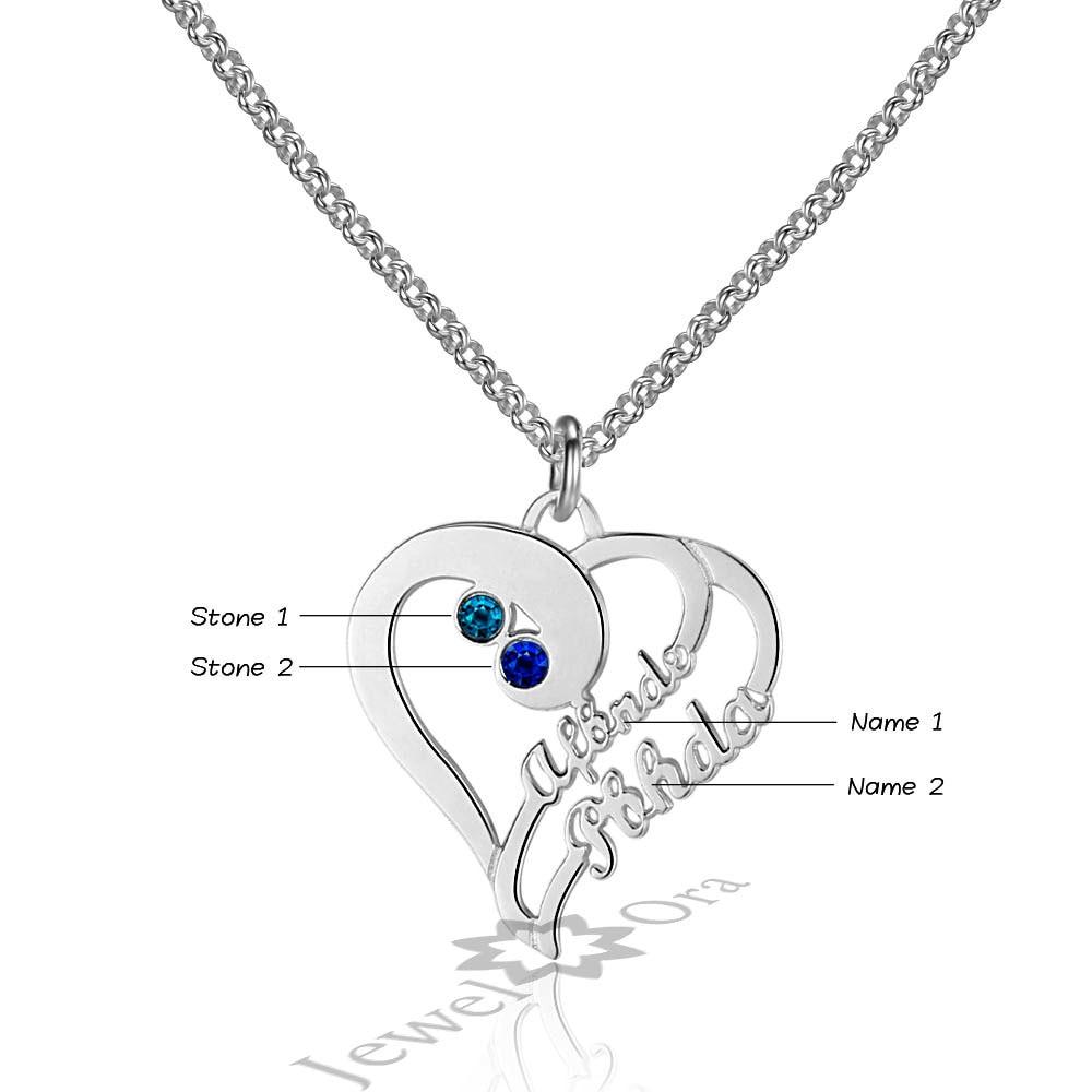 Personalized 925 Sterling Silver Double Heart Name Engraved & Custom Birthstone Pendant Necklace, Fashion Necklace for Women