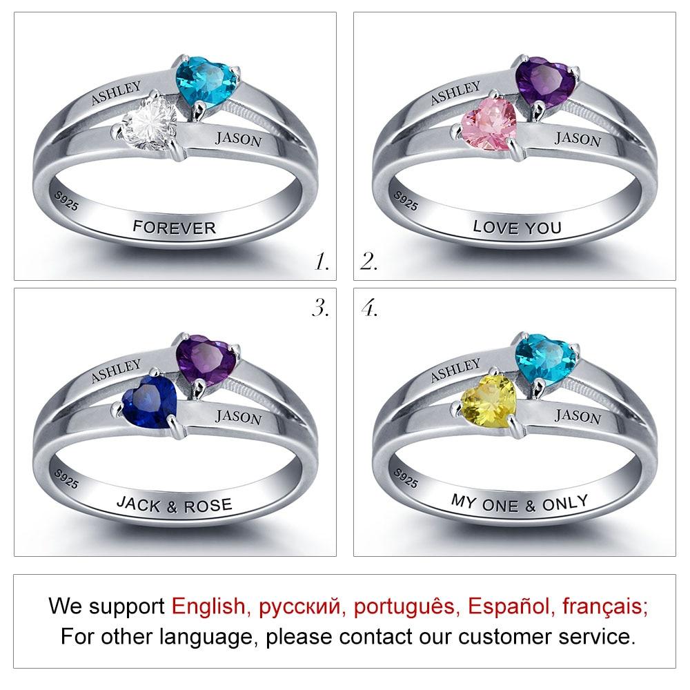 Personalized 925 Sterling Silver Rings for Women – Double Heart Birthstones – Customize Name – Unique Jewelry Gift