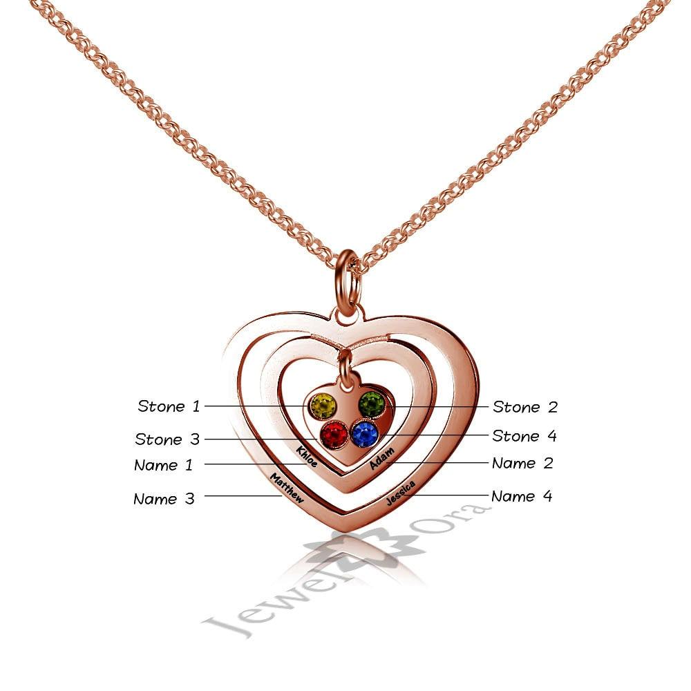 Personalized 925 Sterling Silver Hollow Heart Necklace, Four Name & Four Birthstone Engraved Heart Pendant, Jewelry Gift for Her