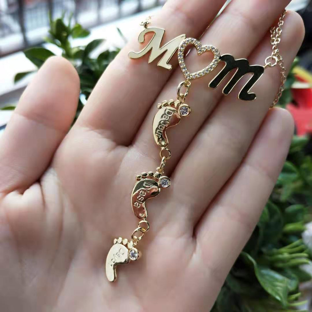 Personalized Inlay CZ Heart Mom 3 Baby Feet Drop Pendant Necklace For Mother's Day